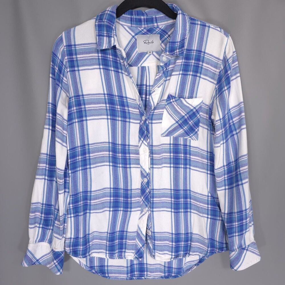 Rails Hunter‎ Plaid White Blue Button Up Long Sleeve Shirt Top Women’s XS Rayon